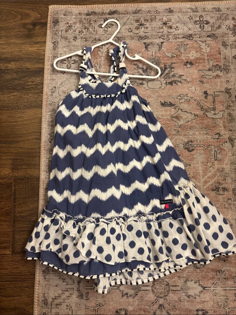 Girls Navy Chevron Halter Dress with Polka Dot Ruffle